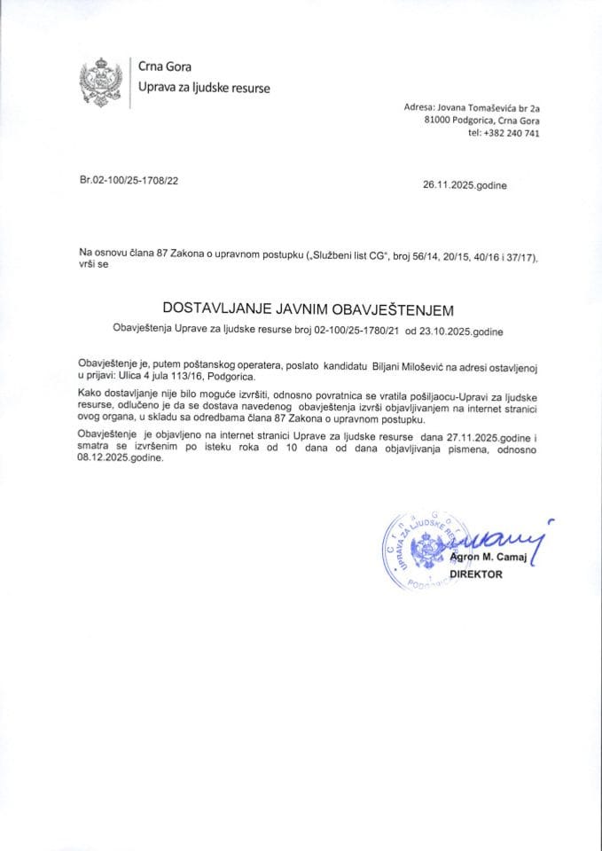 1_Javni oglas 02-100-25-1708-3  od  28.05.2025 za potrebe Privrednog suda CG -Biljana Milošević