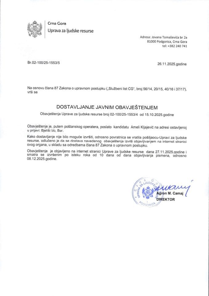 1_Javni oglas 02-100-23-362-3 od 27.01.2023 za potrebe Ministarstva unutrašnjih poslova -Amela Kljajević