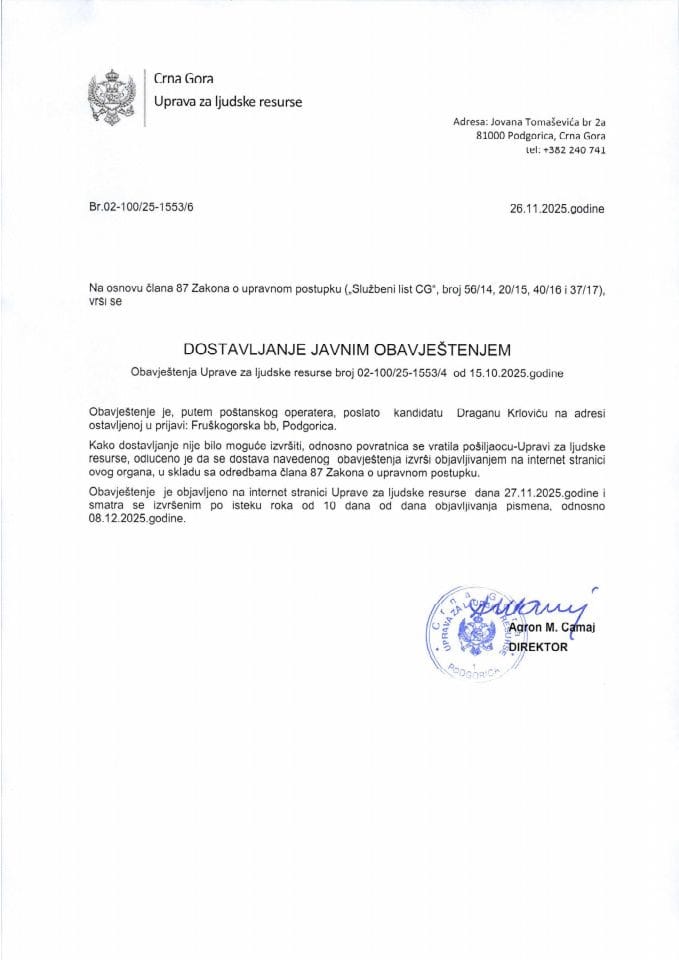 1_Javni oglas 02-100-23-362-3 od 27.01.2023 za potrebe Ministarstva unutrašnjih poslova -Dragan Krlović