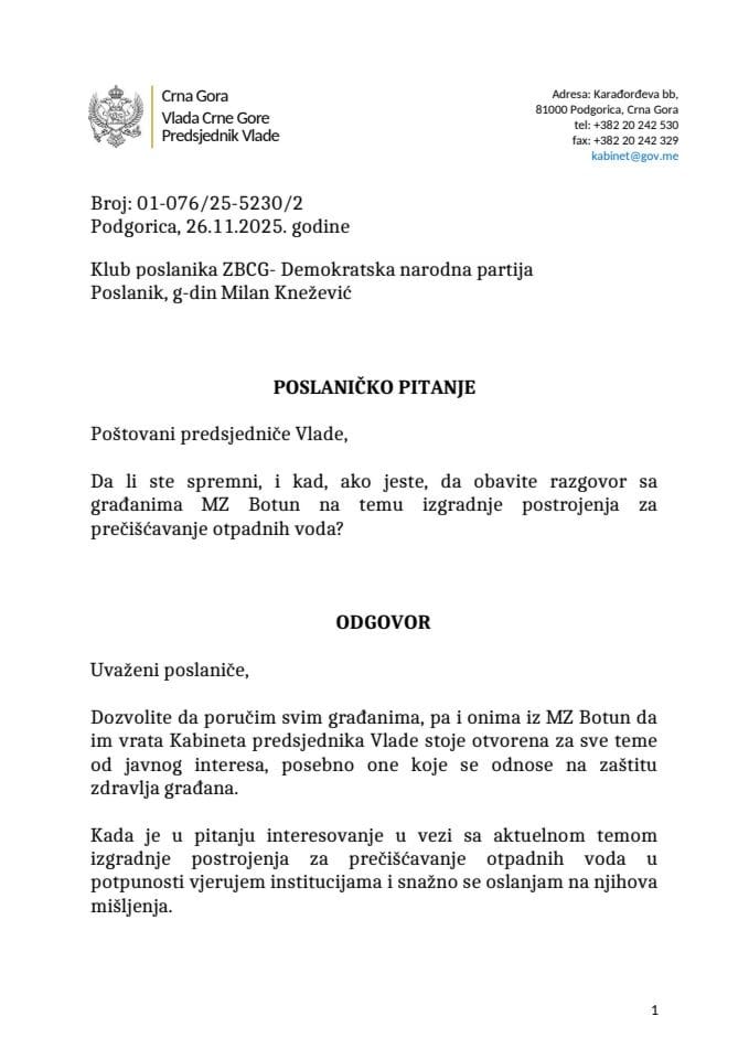 Premijerski sat: Odgovor predsjednika Vlade Milojka Spajića na poslaničko pitanje Milana Kneževića