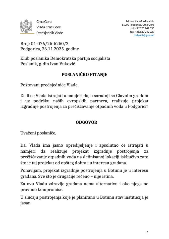 Premijerski sat: Odgovor predsjednika Vlade Milojka Spajića na poslaničko pitanje Ivana Vukovića