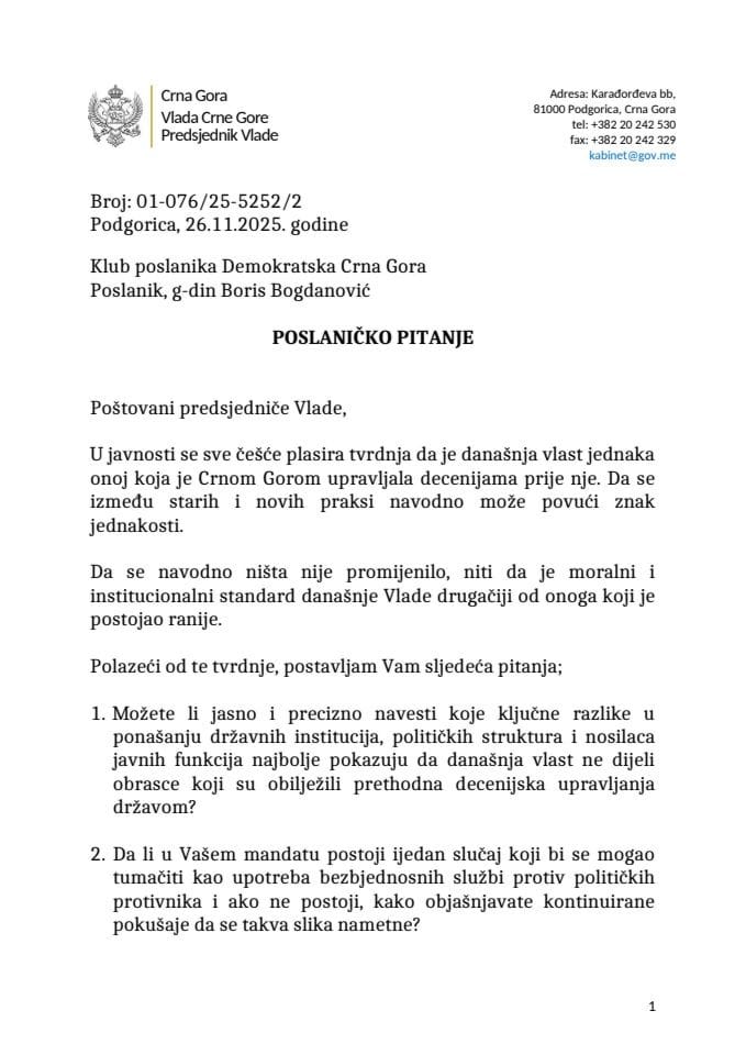 Premijerski sat: Odgovor predsjednika Vlade Milojka Spajića na poslaničko pitanje Borisa Bogdanovića