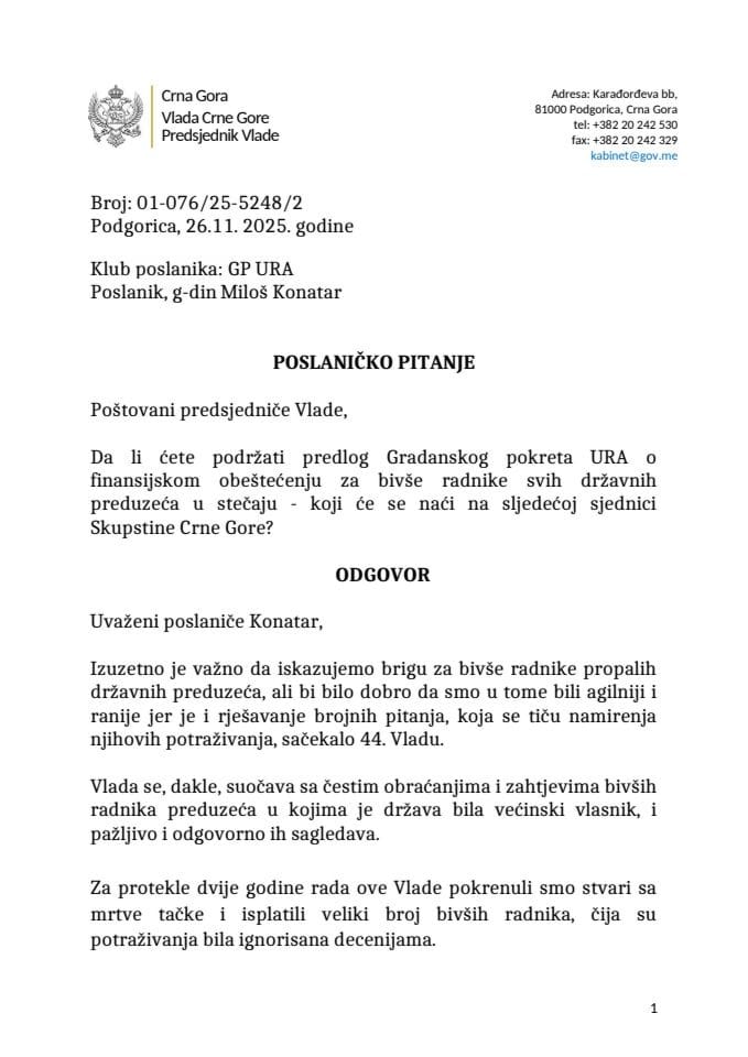 Premijerski sat: Odgovor predsjednika Vlade Milojka Spajića na poslaničko pitanje Miloša Konatara