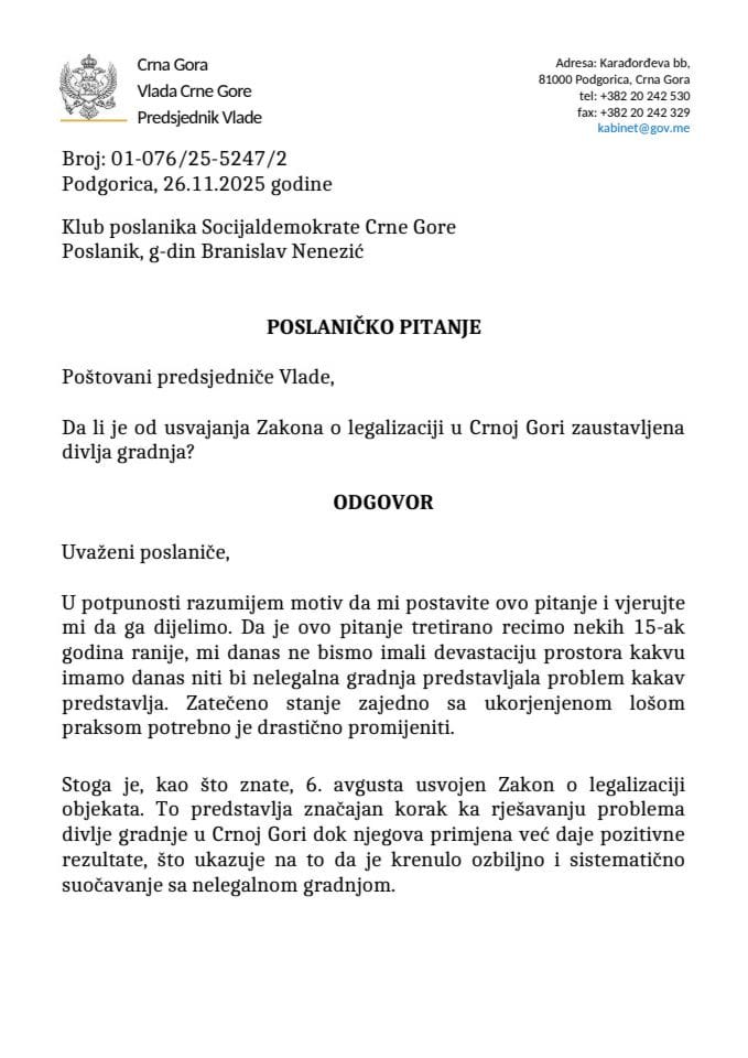 Premijerski sat: Odgovor predsjednika Vlade Milojka Spajića na poslaničko pitanje Branislava Nenezića