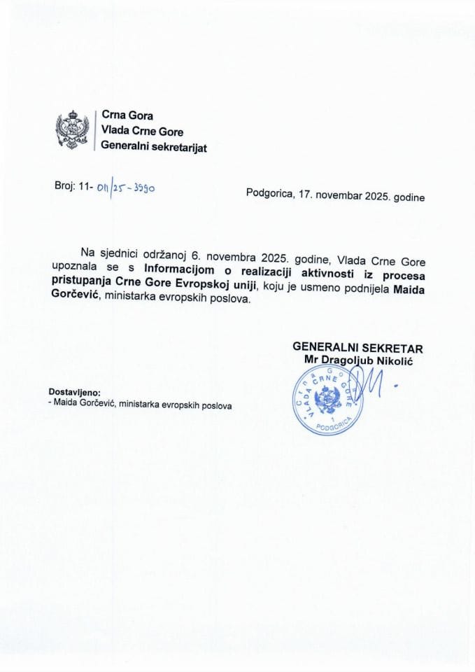 Усмена информација о реализацији активности из процеса приступања Црне Горе  Европској унији - Закључци