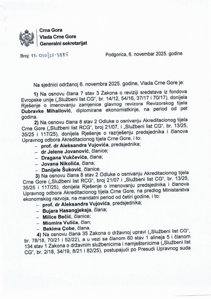 Kadrovska pitanja - 102. sjednica Valde - Zaključci