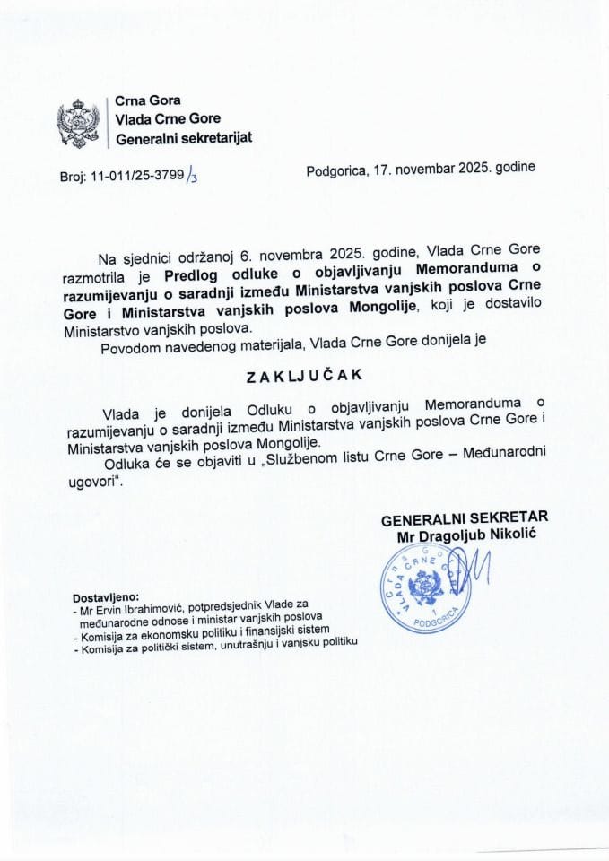 Predlog odluke o objavljivanju Memoranduma o razumijevanju o saradnji između Ministarstva vanjskih poslova Crne Gore i Ministarstva vanjskih poslova Mongolije - Zaključci