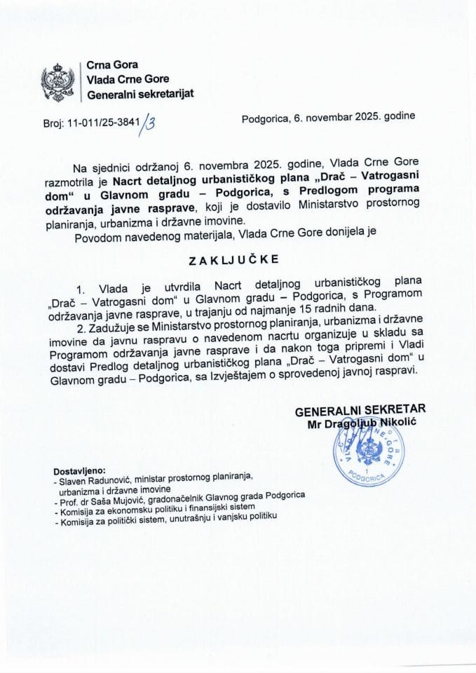 Нацрт Детаљног урбанистичког плана „Драч - Ватрогасни дом“ у Главном граду - Подгорица с Предлогом програма одржавања јавне расправе - Закључци
