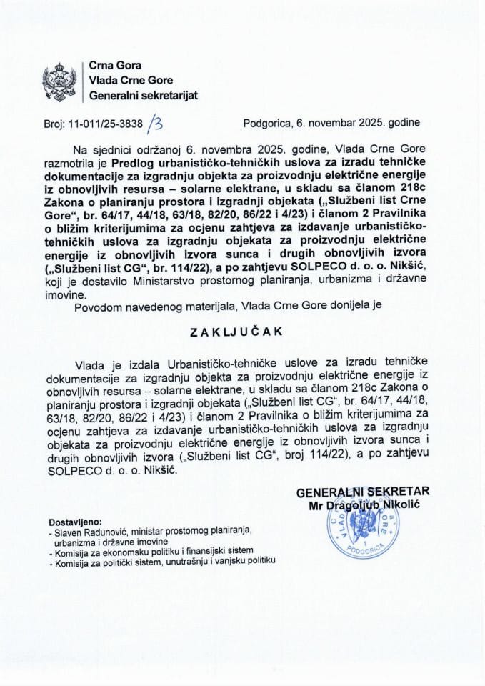 Предлог урбанистичко-техничких услова за израду техничке документације за изградњу објекта за производњу електричне енергије из обновљивих ресурса – соларне електране, а по захтјеву SOLPECO д.о.о. Никшић