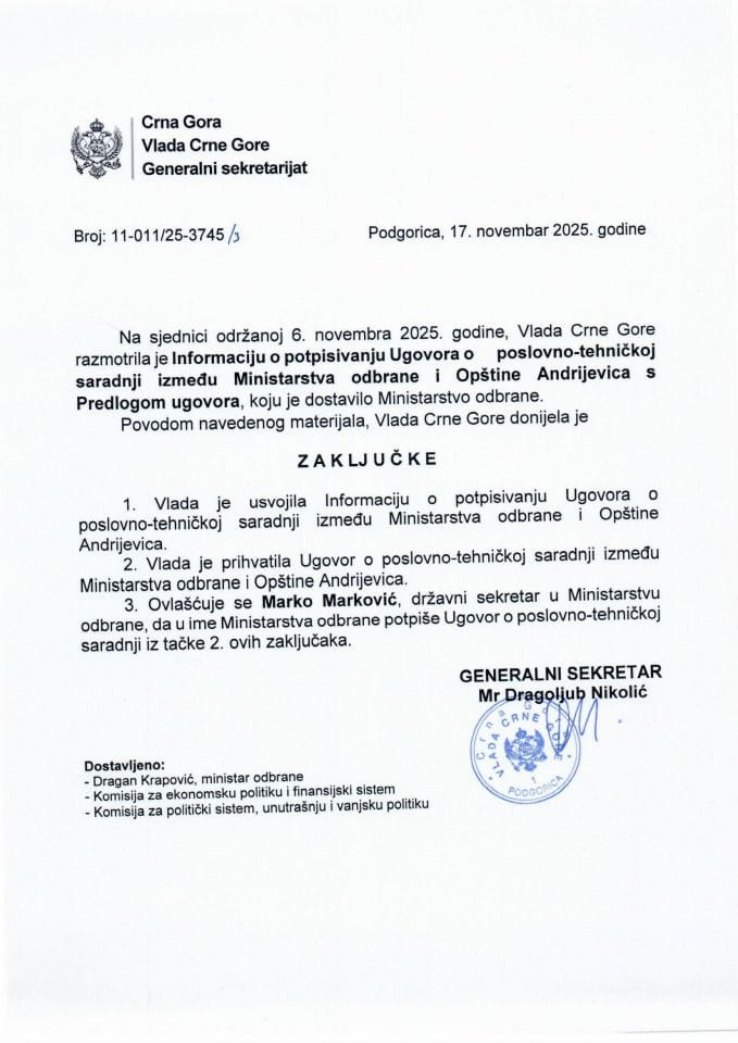 Informacija o potpisivanju Ugovora o poslovno-tehničkoj saradnji između Ministarstva odbrane i Opštine Andrijevica s Predlogom ugovora - Zaključci