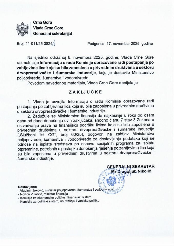 Информација о раду Комисије образоване ради поступања по захтјевима лица која су била запослена у привредним друштвима у сектору дрвопрерађивачке и шумарске индустрије - Закључци