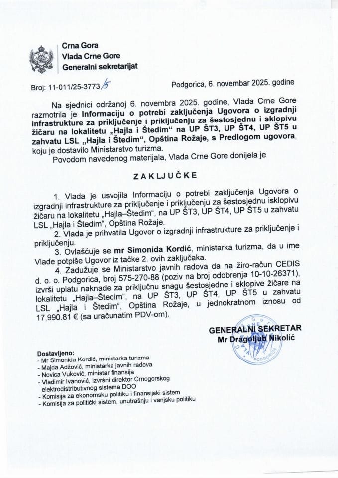 Informacija o potrebi zaključenja Ugovora o izgradnji infrastrukture za priključenje i priključenju za šestosjednu isklopivu žičaru na lokalitetu „Hajla i Štedim“ na UP ŠT3, UP ŠT4, UP ŠT5 u zahvatu LSL „Hajla i Štedim“, Opština Rožaje - Zaključci