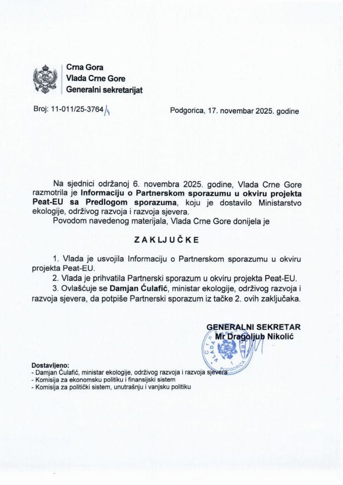 Informacija o Partnerskom sporazumu u okviru projekta Peat-EU sa Predlogom sporazuma - Zaključci