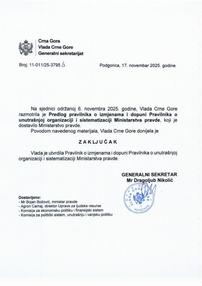 Предлог правилника о измјенама и допуни Правилника о унутрашњој организацији и систематизацији Министарства правде - Закључци