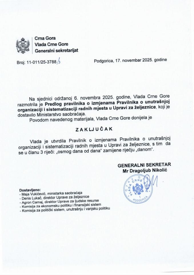 Предлог правилника о измјенама Правилника о унутрашњој организацији и систематизацији радних мјеста у Управи за жељезнице - Закључци