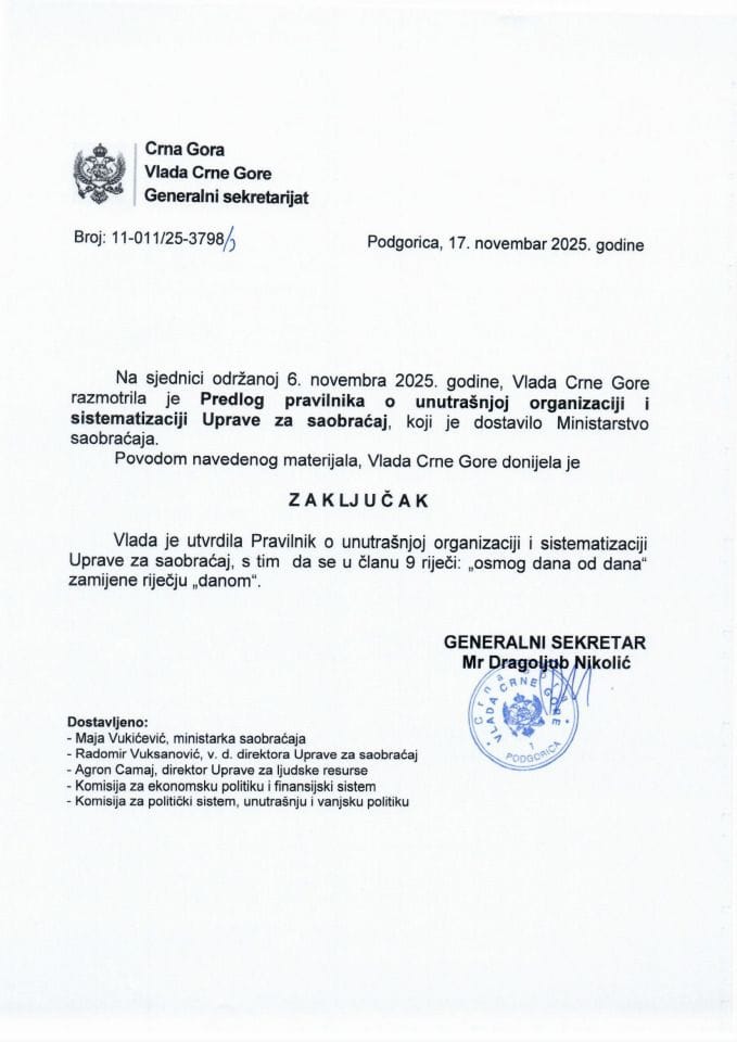 Предлог правилника о унутрашњој организацији и систематизацији Управе за саобраћај - Закључци