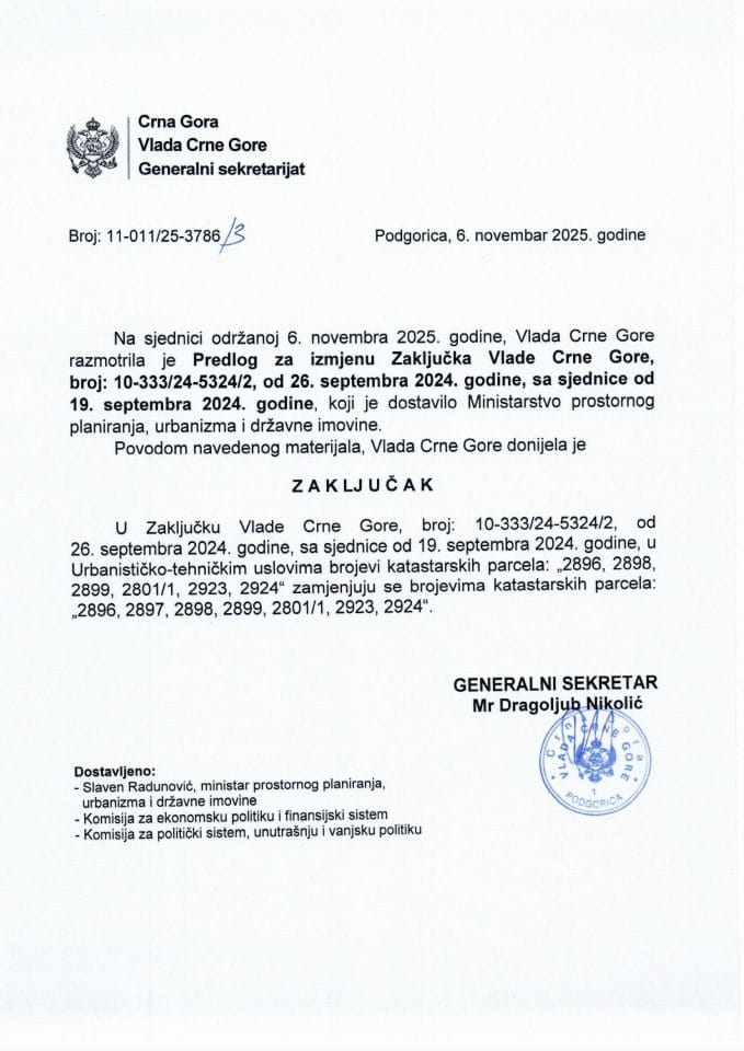 Predlog za izmjenu Zaključka Vlade Crne Gore, broj: 10-333/24-5324/2, od 26. septembra 2024. godine, sa sjednice od 19. septembra 2024. godine - Zaključci