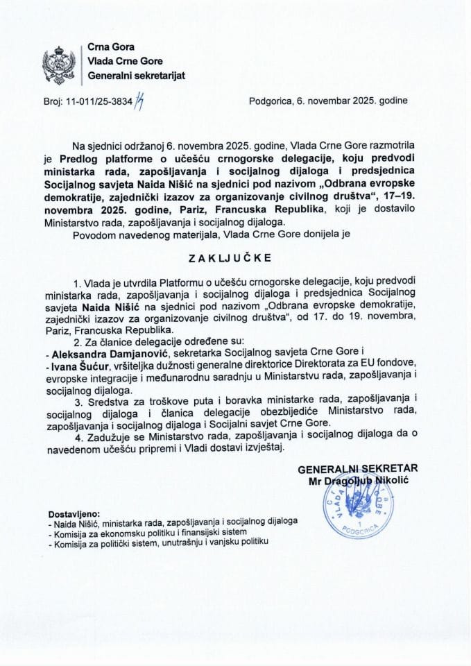 Предлог платформе о учешћу црногорске делегације коју предводи министарка рада, запошљавања и социалног дијалога Наида Нишић на сједници под називом „Одбрана европске демократије, заједнички изазов за организовање цивилног друштва“ - Закључци