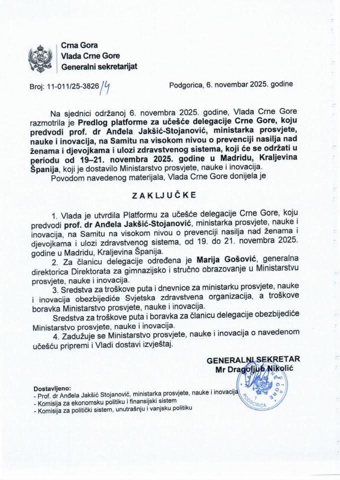 Predlog platforme za učešće delegacije Crne Gore, koju predvodi prof. dr Anđela Jakšić - Stojanović, ministarka prosvjete, nauke i inovacija, na Samitu na visokom nivou o prevenciji nasilja nad ženama i djevojkama i ulozi zdravstvenog sistema - Zaključci