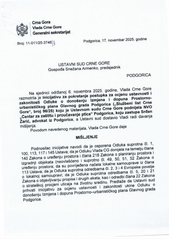 Predlog mišljenja povodom Inicijative za pokretanje postupka za ocjenu ustavnosti i zakonitosti Odluke o donošenju Izmjena i dopuna Prostorno - urbanističkog plana Glavnog grada, koju je podnijela NVO „Centar za zaštitu i proučavanje ptica“ - Zaključci