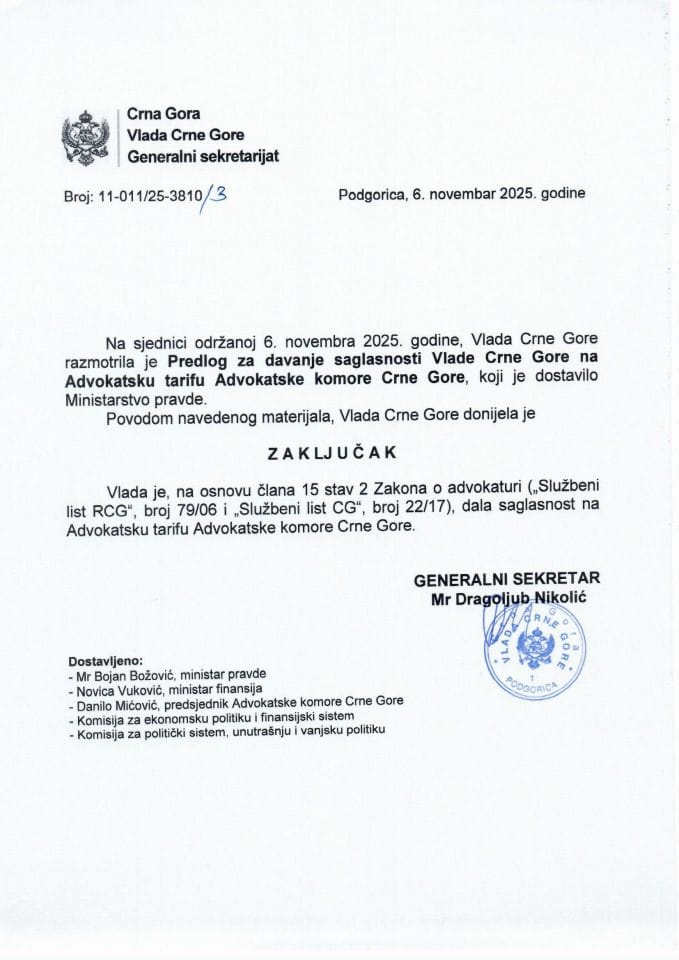 Predlog za davanje saglasnosti Vlade Crne Gore na Advokatsku tarifu Advokatske komore Crne Gore - Zaključci