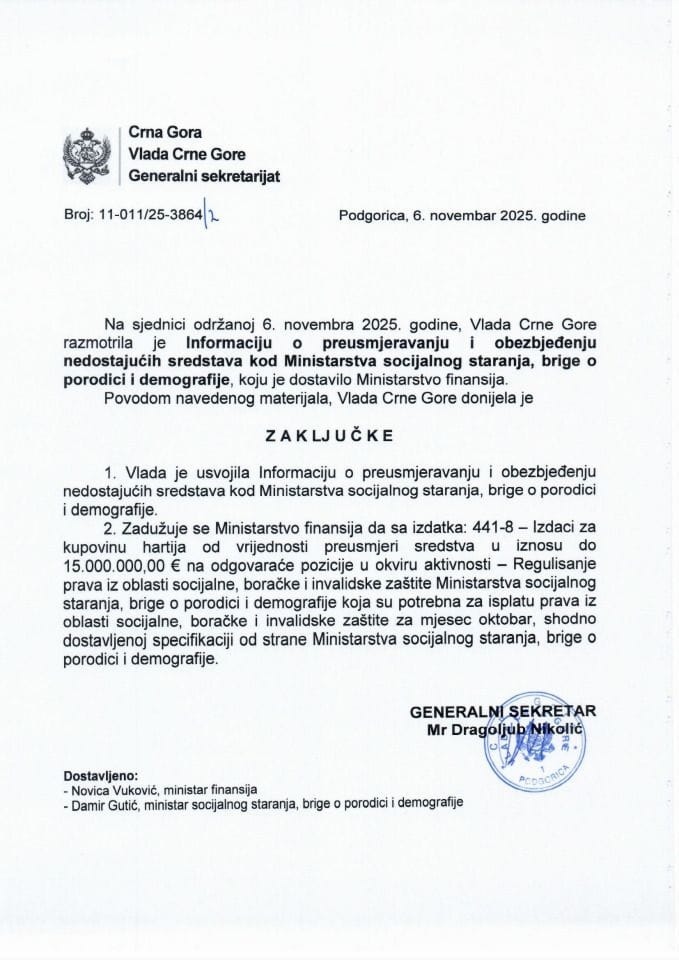 Информација о преусмјеравању и обезбјеђењу недостајућих средстава код Министарства социјалног старања, бриге о породици и демографије - Закључци