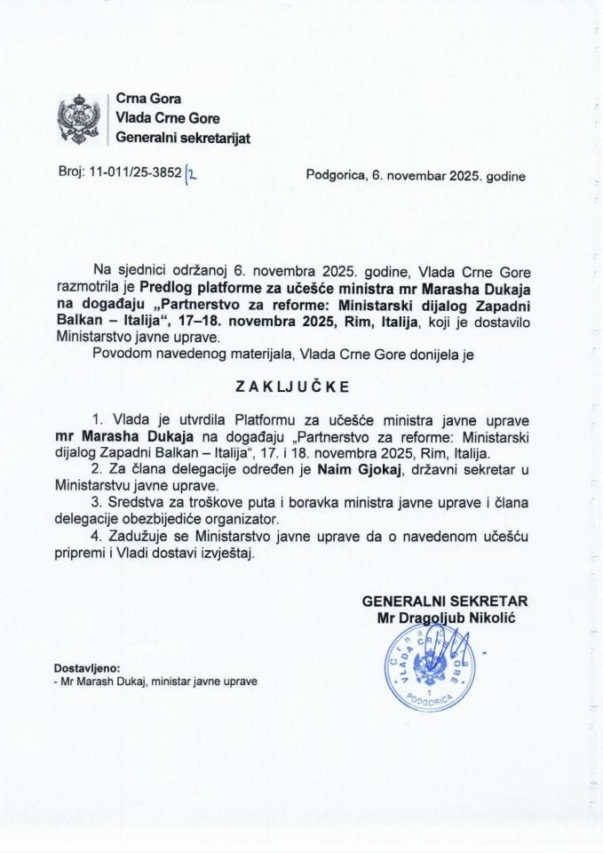 Предлог платформе за учешће министра мр  Marasha Dukaja на догађају „Партнерство за реформе: Министарски дијалог Западни Балкан – Италија'', 17 – 18. новембра 2025, Рим, Италија - Закључци