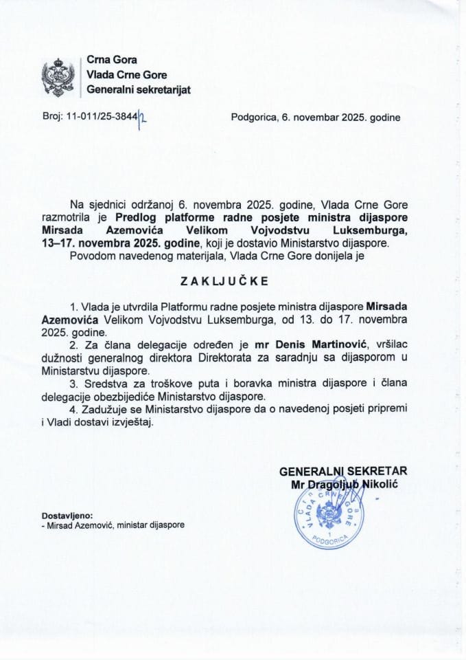 Предлог платформе радне посјете министра дијаспоре Мирсада Аземовића Великом Војводству Луксембурга, 13-17. новембра 2025. године - Закључци