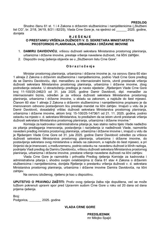 Predlog za prestanak vršenja dužnosti v. d. sekretara Ministarstva prostornog planiranja, urbanizma i državne imovine