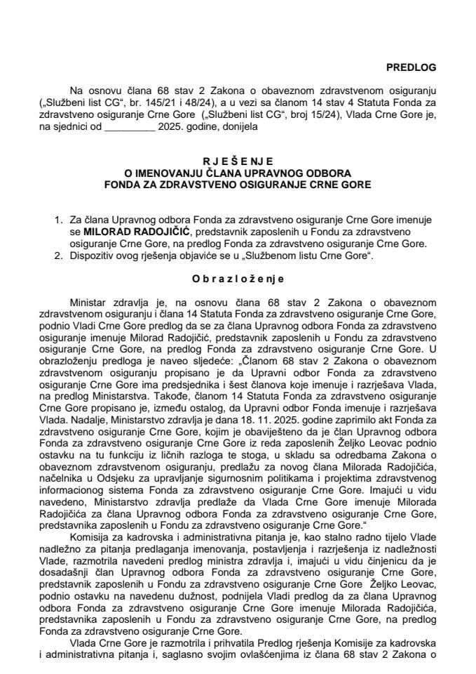 Predlog za imenovanje člana Upravnog odbora Fonda za zdravstveno osiguranje Crne Gore