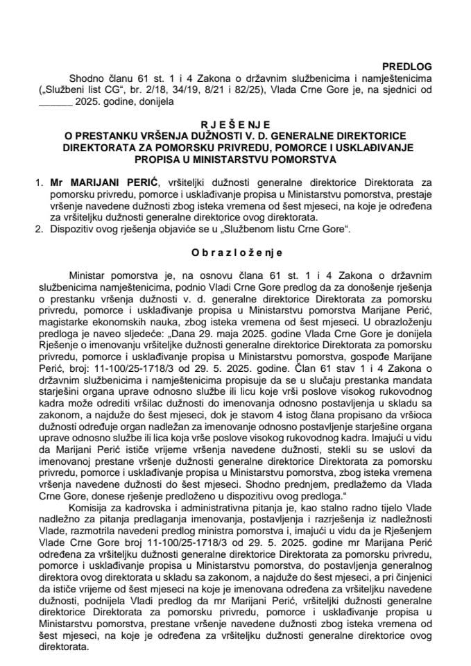 Predlog za prestanak vršenja dužnosti v. d. generalne direktorice Direktorata za pomorsku privredu, pomorce i usklađivanje propisa u Ministarstvu pomorstva