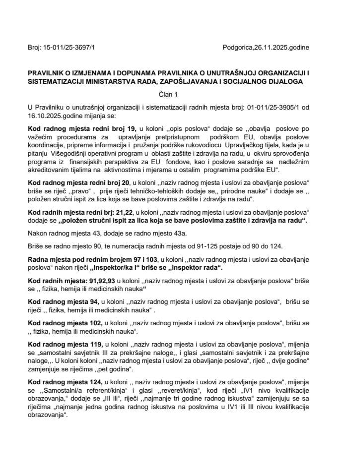 Predlog pravilnika o izmjenama i dopunama Pravilnika o unutrašnjoj organizaciji i sistematizaciji Ministarstva rada, zapošljavanja i socijalnog dijaloga