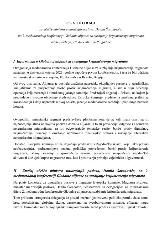 Predlog platforme za učešće ministra unutrašnjih poslova Danila Šaranovića na 2. međunarodnoj konferenciji Globalne alijanse za suzbijanje krijumčarenja migranata, Brisel, Belgija, 10. decembar 2025. godine