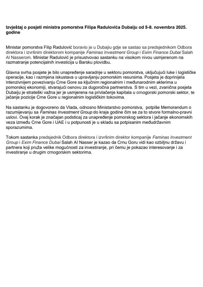 Izvještaj o posjeti ministra pomorstva Filipa Radulovića Dubaiju, od 5-8. novembra 2025. godine