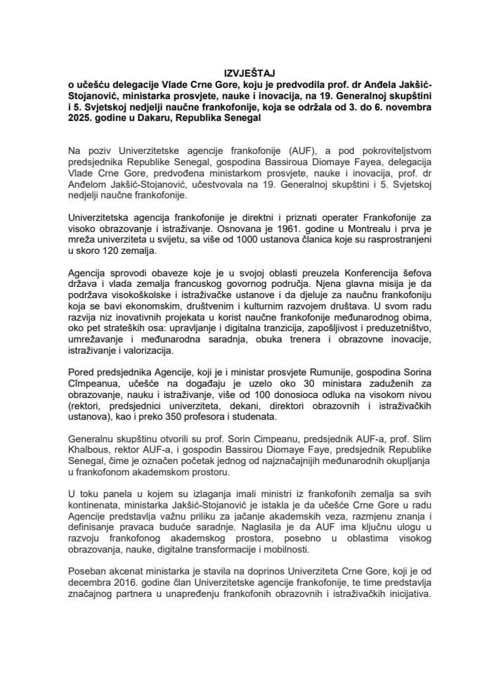 Izvještaj sa učešća delegacije Vlade CG, koju je predvodila prof. dr Anđela Jakšić-Stojanović, ministarka prosvjete, nauke i inovacija, na 19. Generalnoj skupštini i 5. Svjetskoj nedjelji naučne frankofonije, koje su održane od 3. do 6. novembra 2025. godine