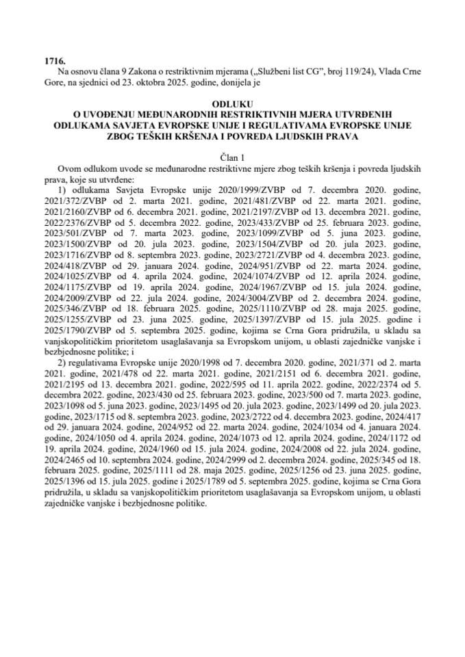 Одлука о увођењу међународних рестриктивних мјера утврђених одлукама Савјета Европске уније и регулативама Европске уније због тешких кршења и повреда људских права – превод Регулативе