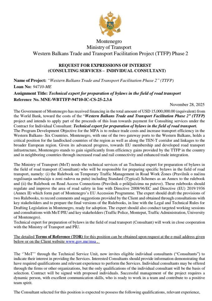 SPN_ReOI_ Technical expert for drafting bylaws in road sector F DL 11.12