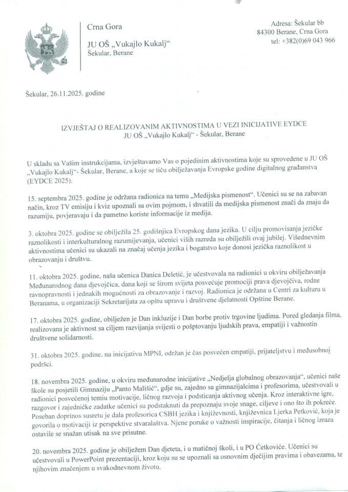 Izvještaj o realizovanim aktivnostima u vezi inicijative EYDCE - JU OŠ Vukajlo Kukalj - Šekular, Berane 1