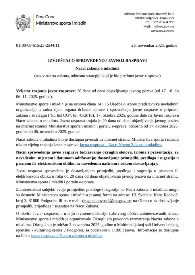 IZVJEŠTAJ O SPROVEDENOJ JAVNOJ RASPRAVI - OBJAVA