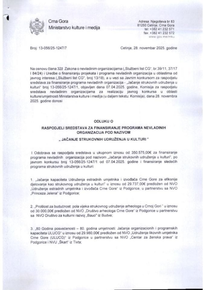 Odluka o raspodjeli sredstava za finansiranje programa nevladinih organizacija