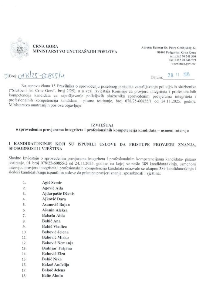 Izvještaj o sprovedenim provjerama integriteta i profesionalnih kompetencija kandidata - usmeni intervju