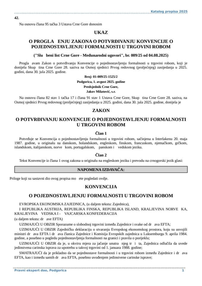 Zakon o potvrdjivanju Konvencije o pojednostavljenju formalnosti u trgovini robom