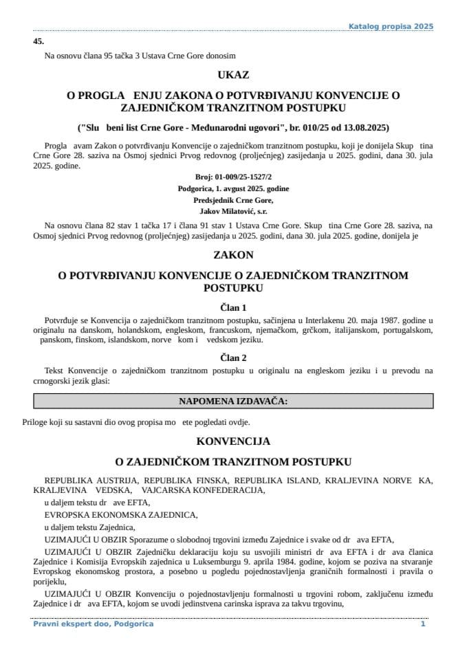 Zakon o potvrdjivanju Konvencije o zajednickom tranzitnom postupku