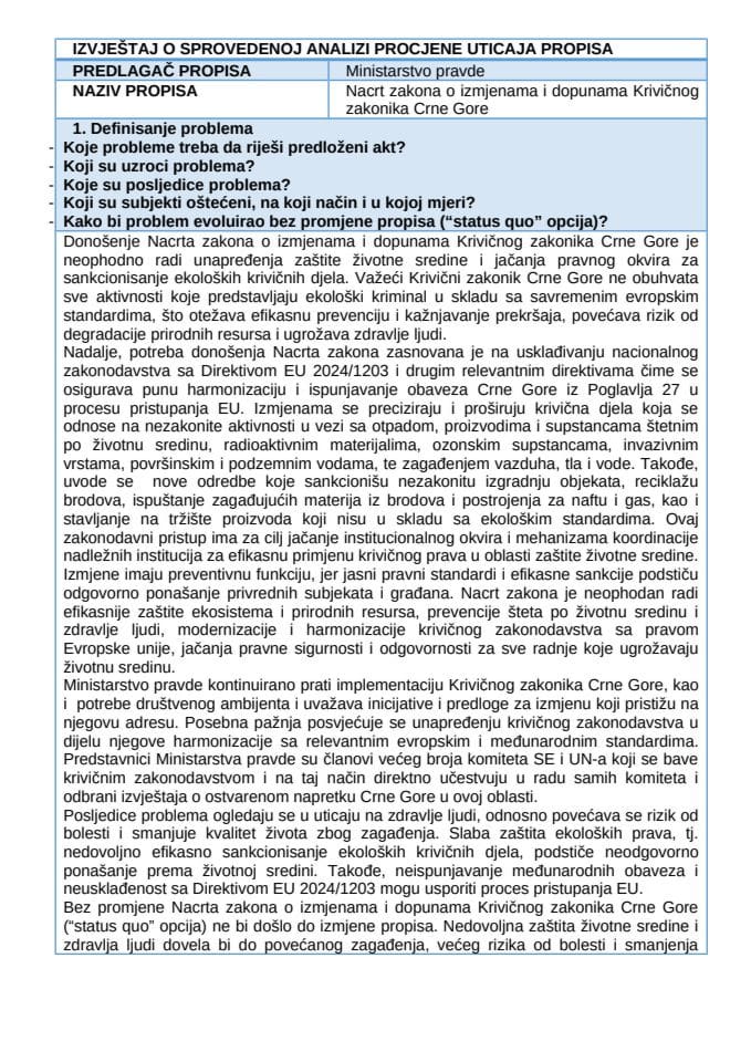 4. IZVJEŠTAJ O SPROVEDENOJ ANALIZI PROCJENE UTICAJA PROPISA
