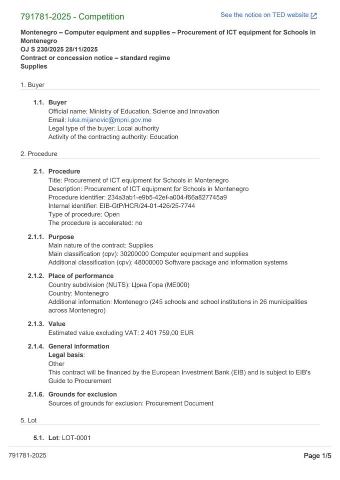 Tender- nabavka ICT opreme za osnovne i srednje škole u Crnoj Gori