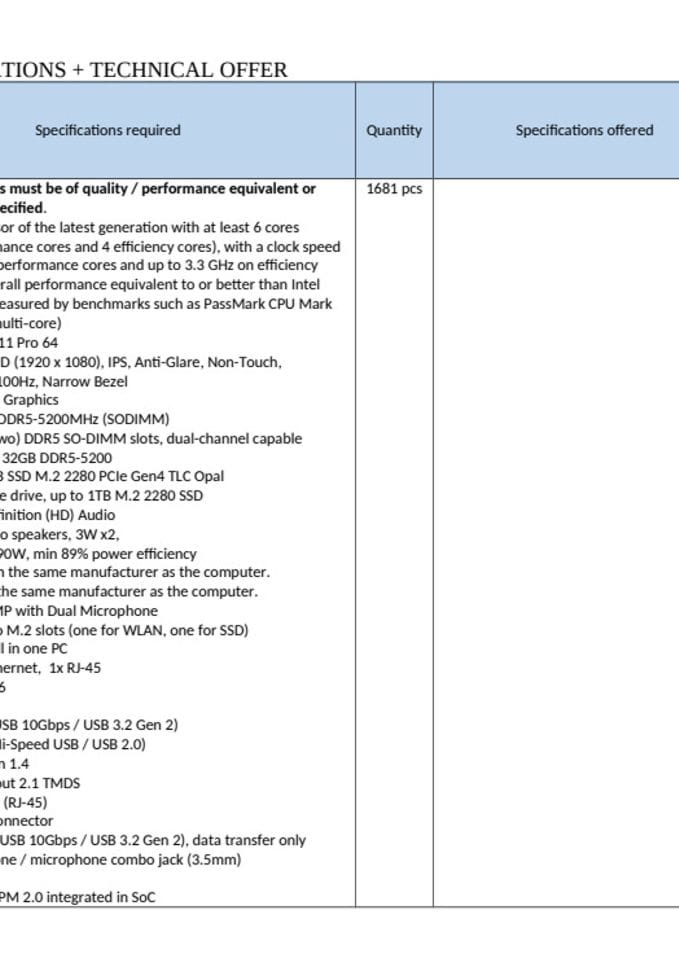 Technical specifications - Technical Offer