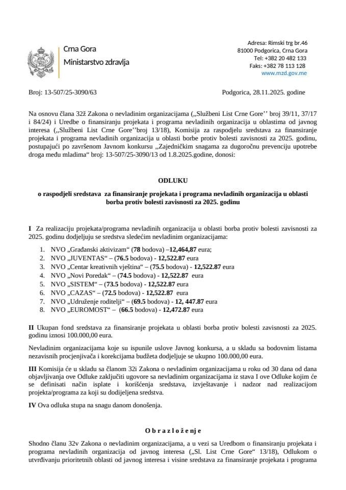 ODLUKA o raspodjeli sredstava za finansiranje projekata i programa nevladinih organizacija u oblasti borba protiv bolesti zavisnosti za 2025. godinu