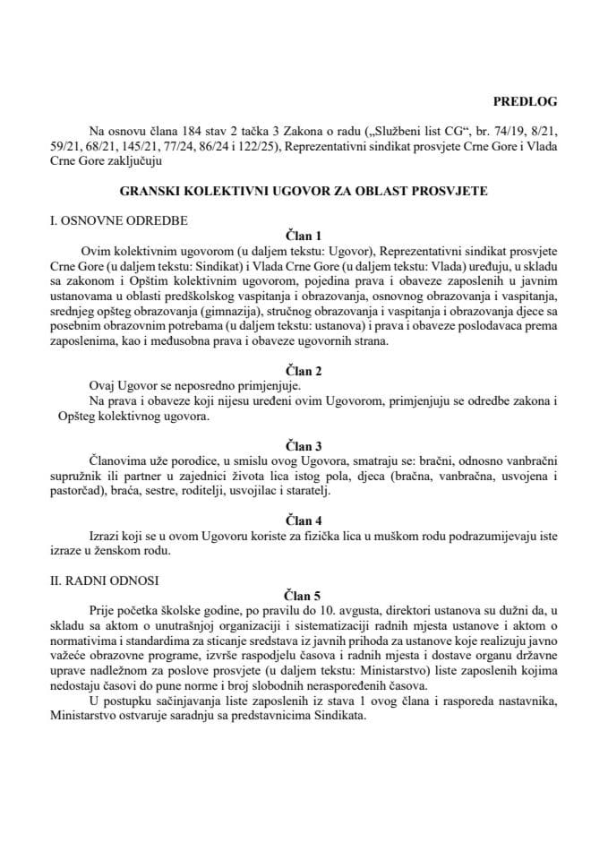 Predlog granskog kolektivnog ugovora za oblast prosvjete