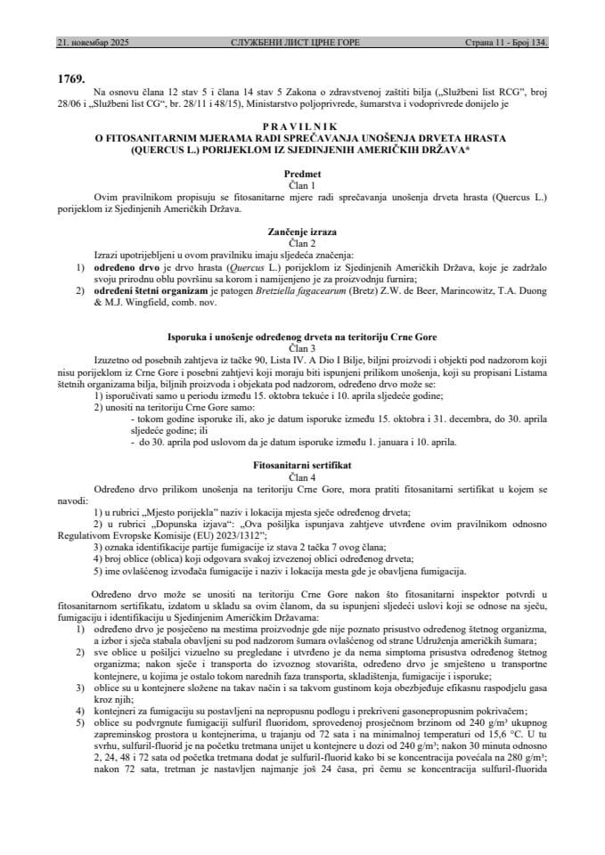 Pravilnik o fitosanitarnim mjerama radi sprečavanja unošenja drveta hrasta (Quercus L.) porijeklom iz Sjedinjenih Američkih Država
