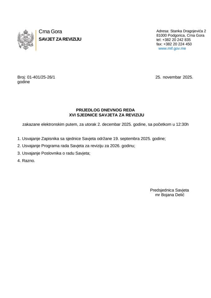 Prijedlog dnevnog reda - 2. decembar 2025.